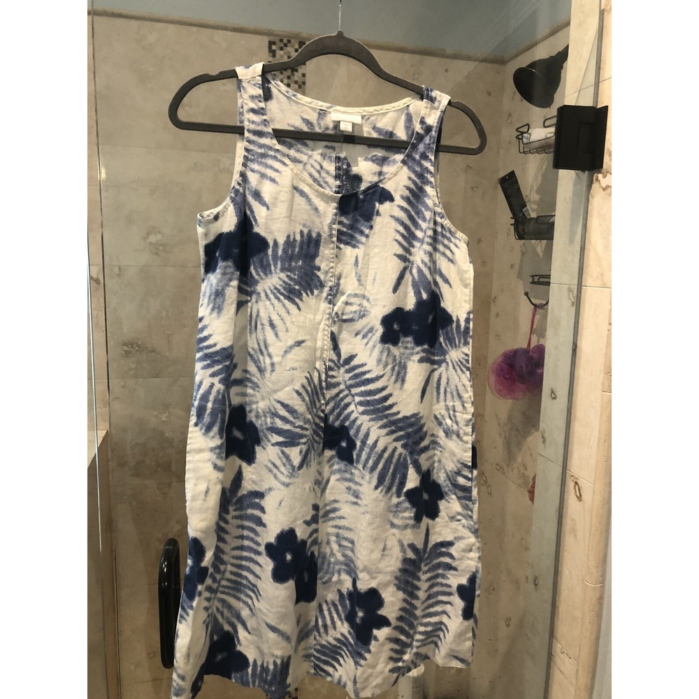 J. Jill Love Linen Petite Shift Dress White Blue Floral Sleeveless XSP Pockets